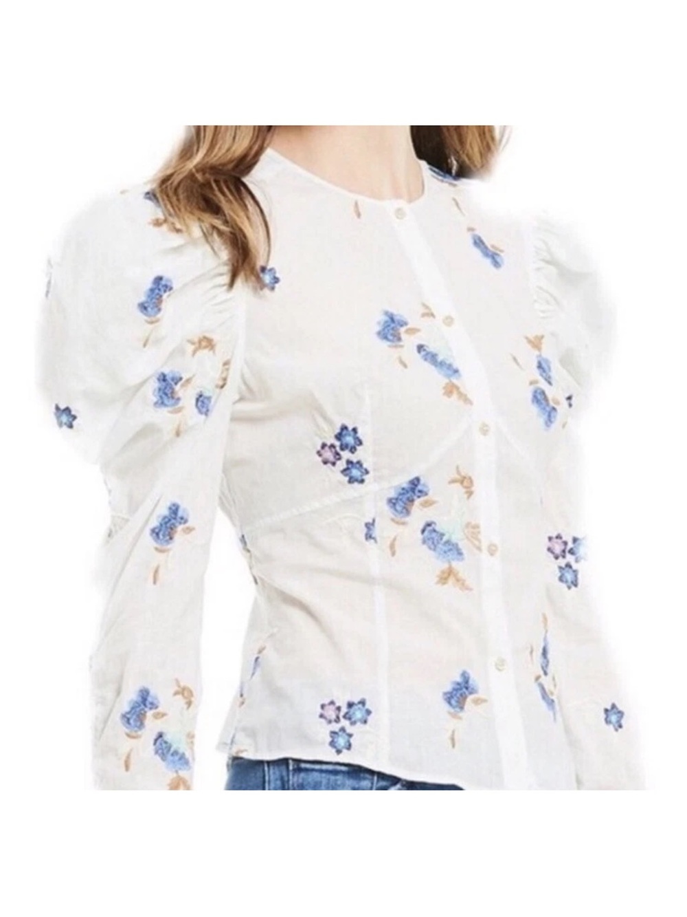 Chelsea & Violet  Cotton Button-Front Top with Blue Floral Accent medium